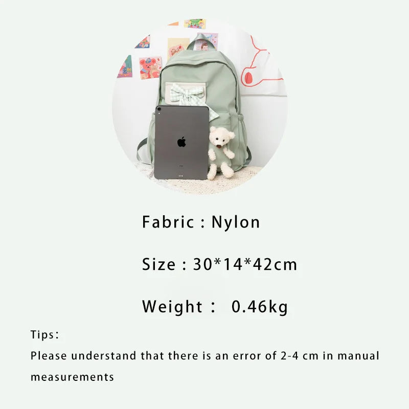Nylon Women's School Backpack with Bows and Bear