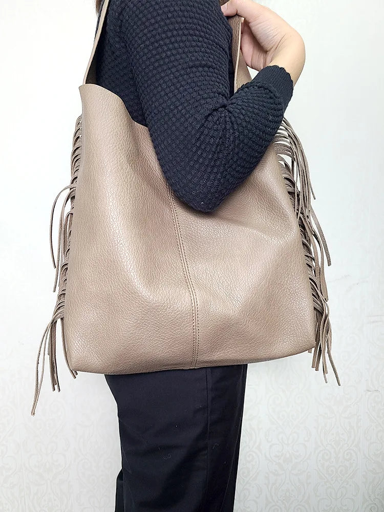 Tassels Bucket Bag Women PU Leather Shoulder Bag Ladies Totes Bolsa