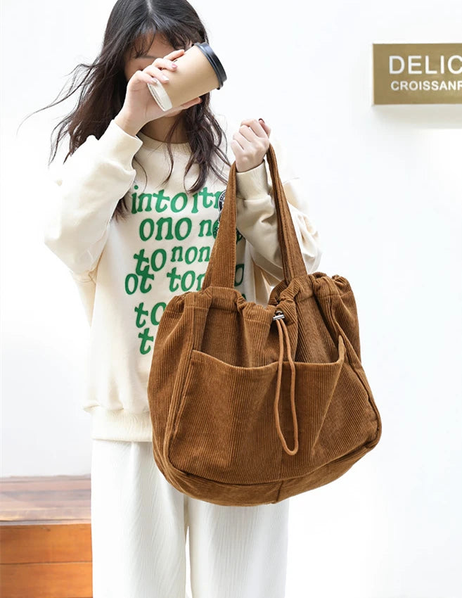 Teenager Winter Oversized Corduroy Soft Drawstring Pouch Bag