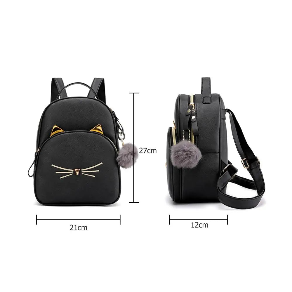 Teenagers Backpack PU Leather School Bags Girl Cartoon Cat Square Satchel