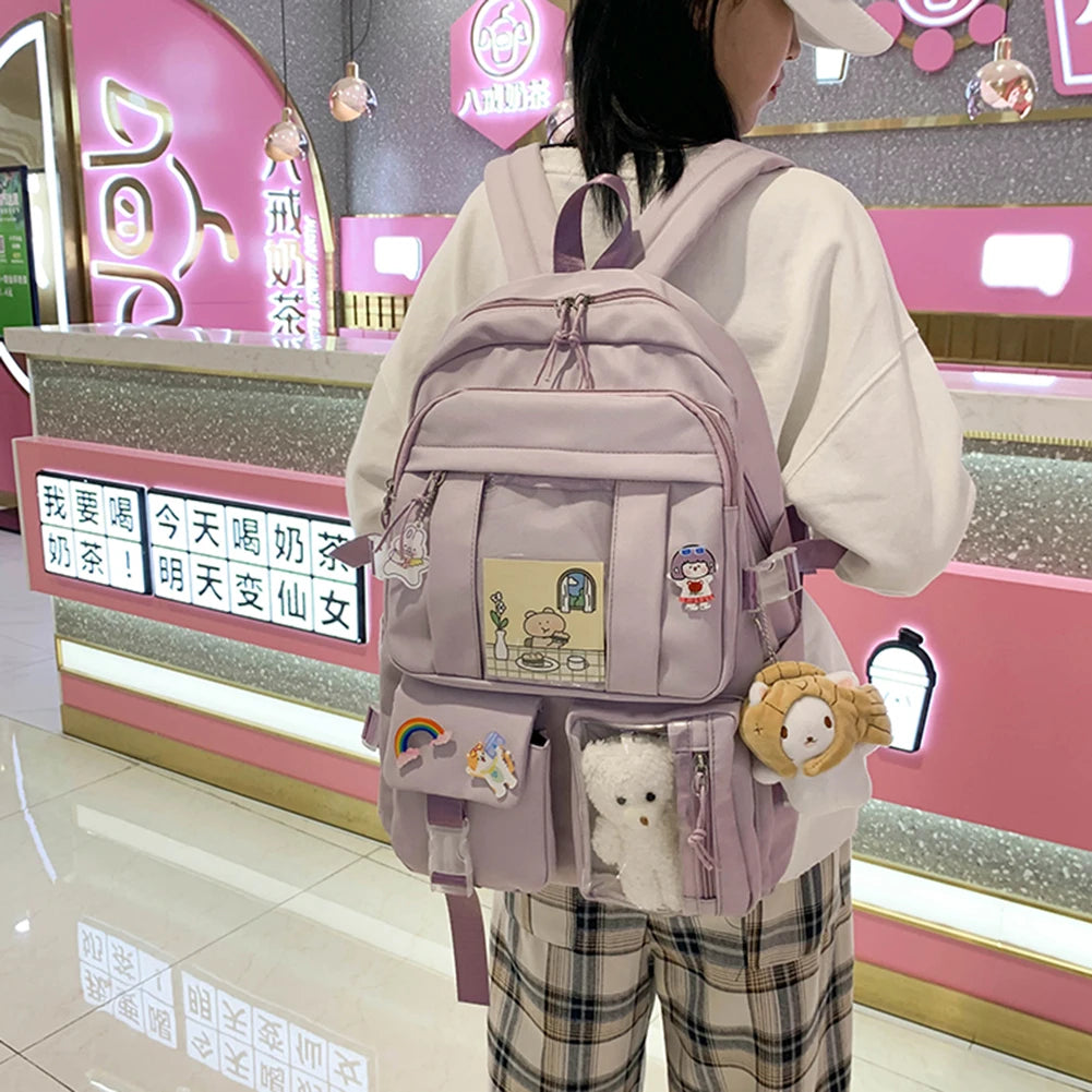 Girls Nylon Multi-pocket Backpack Lightweight Large Capacity Travel Backpack
