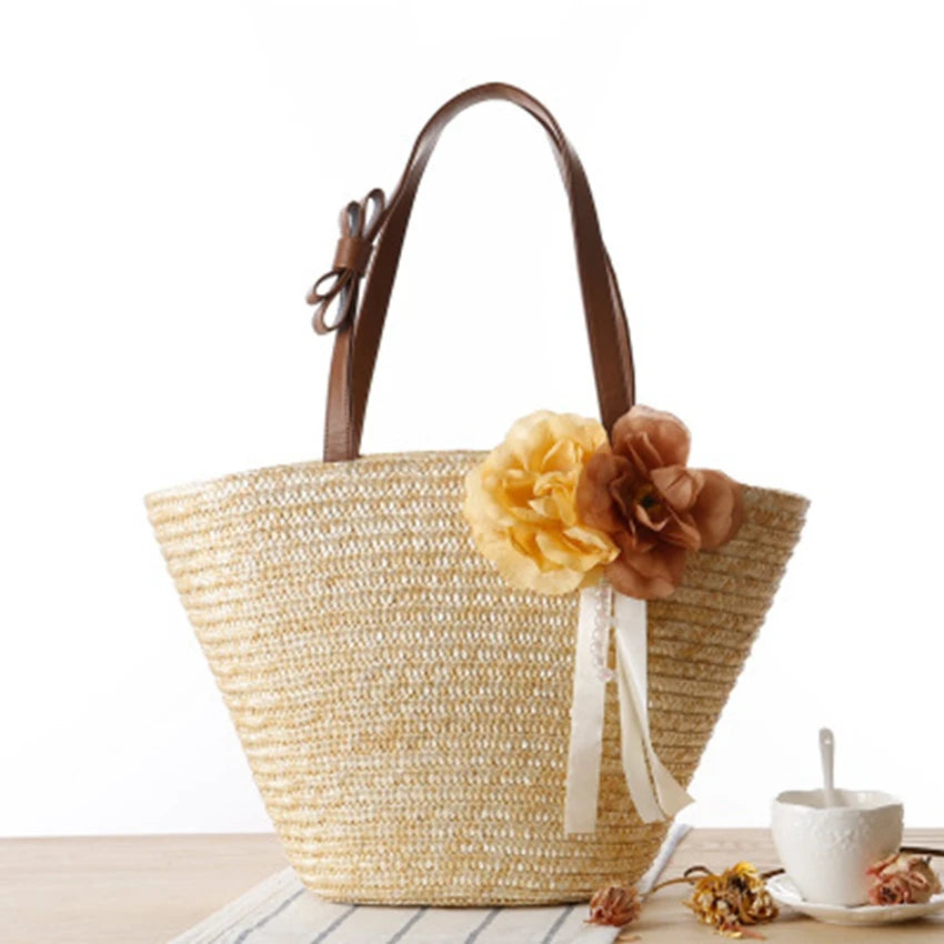 Pastoral Two Flowers Shoulder Woven Bag Women's Solid Woven Bag