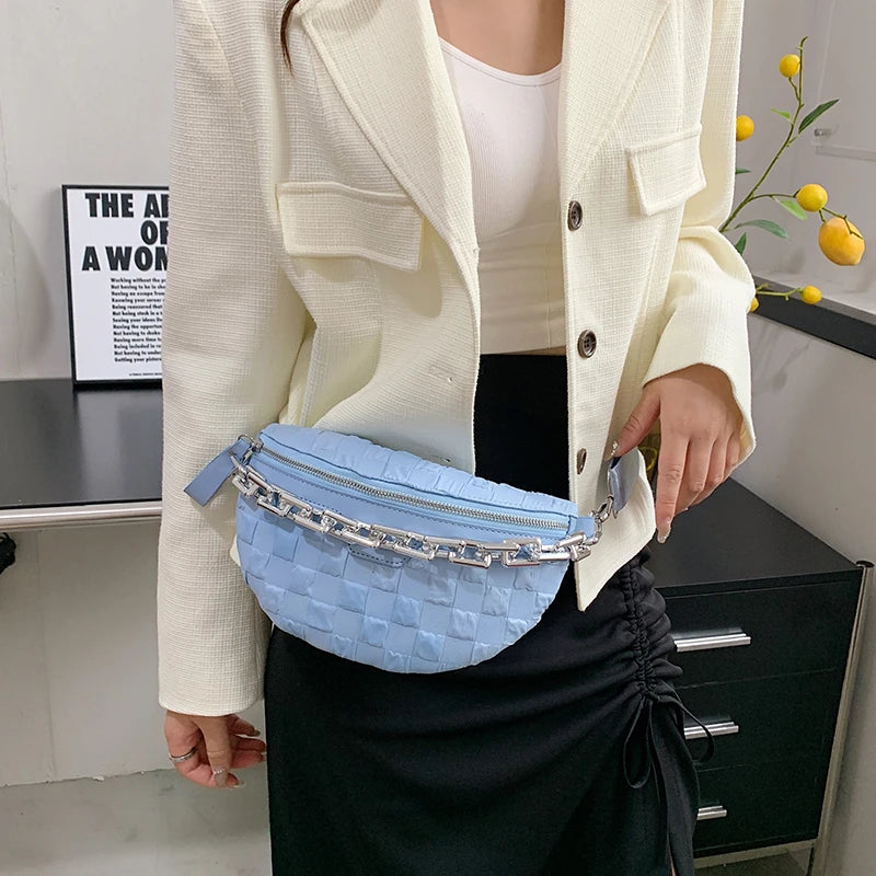 Plaid Nylon Waist Bag Thick Chain Women's Fanny Pack Casual Handbag Purse