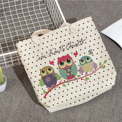 Thick Rope Linen Beach Shoulder Bags Owl Print Handbags Cartoon Birds