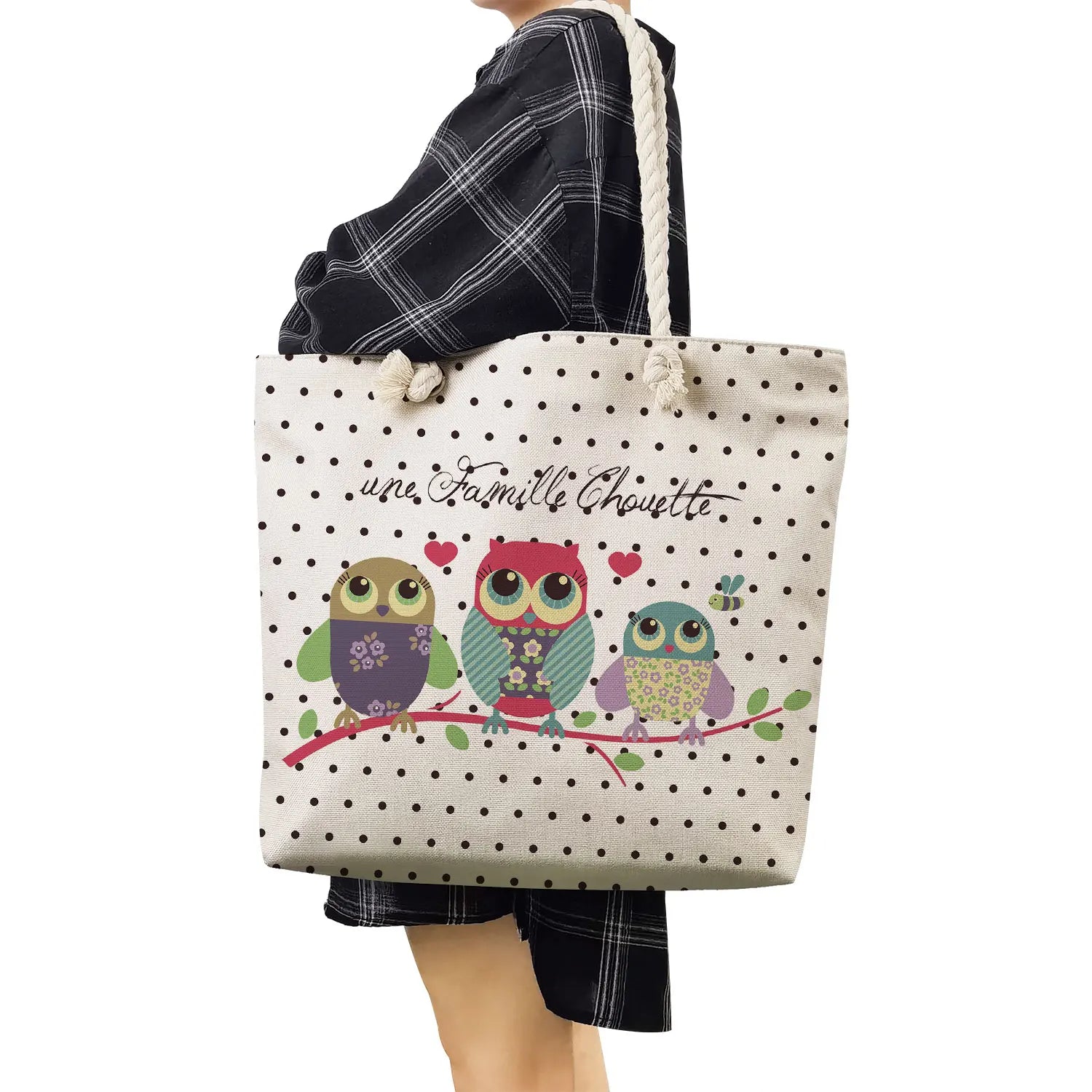 Thick Rope Linen Beach Shoulder Bags Owl Print Handbags Cartoon Birds