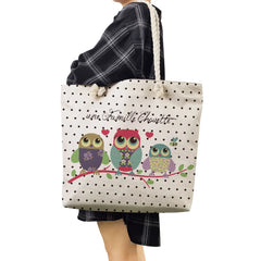 Thick Rope Linen Beach Shoulder Bags Owl Print Handbags Cartoon Birds