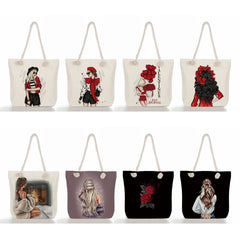 Thick Rope Shoulder Bag Travel Beach Bag Cartoon Coffee Girl Print Female Handba