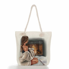 Thick Rope Shoulder Bag Travel Beach Bag Cartoon Coffee Girl Print Female Handba