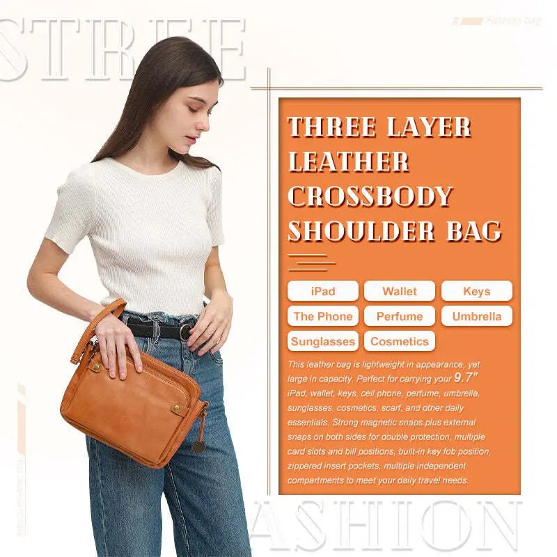 Three-Layer Leather Crossbody Shoulder Clutch Bag Women Handbag