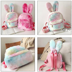 Rabbit Ears Tie Dye Plush Backpack for Women Furry Mini Backpack