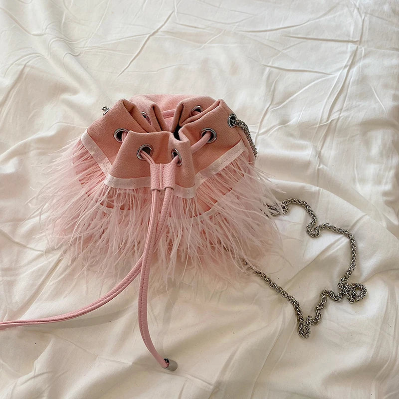 Ostrich Feather Evening Clutch Handbag Chain Shoulder Bag