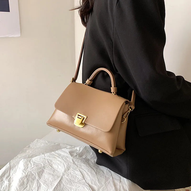 Soft Leather Women Shoulder Bag Top Handle Tote Flap Handbag
