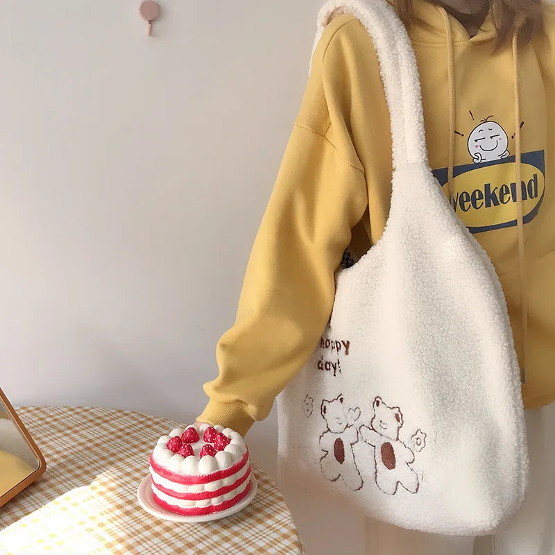 Lamb Wool Bear Cartoon Handbags Large Capacity Shopper Shoulder Bag