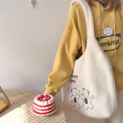 Lamb Wool Bear Cartoon Handbags Large Capacity Shopper Shoulder Bag