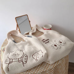 Lamb Wool Bear Cartoon Handbags Large Capacity Shopper Shoulder Bag