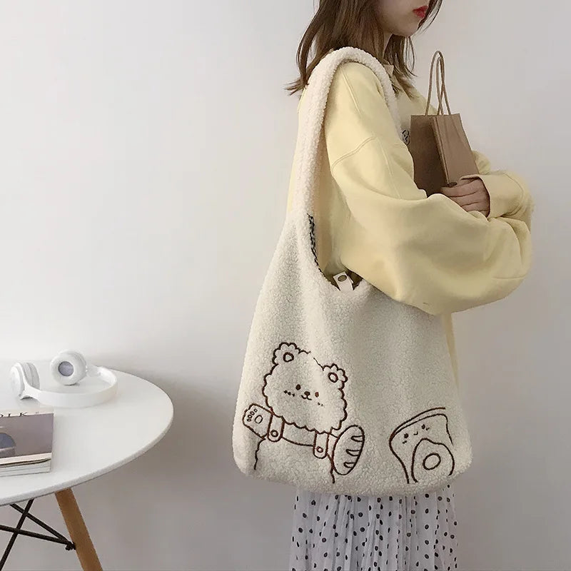 Lamb Wool Bear Cartoon Handbags Large Capacity Shopper Shoulder Bag