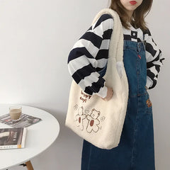 Lamb Wool Bear Cartoon Handbags Large Capacity Shopper Shoulder Bag