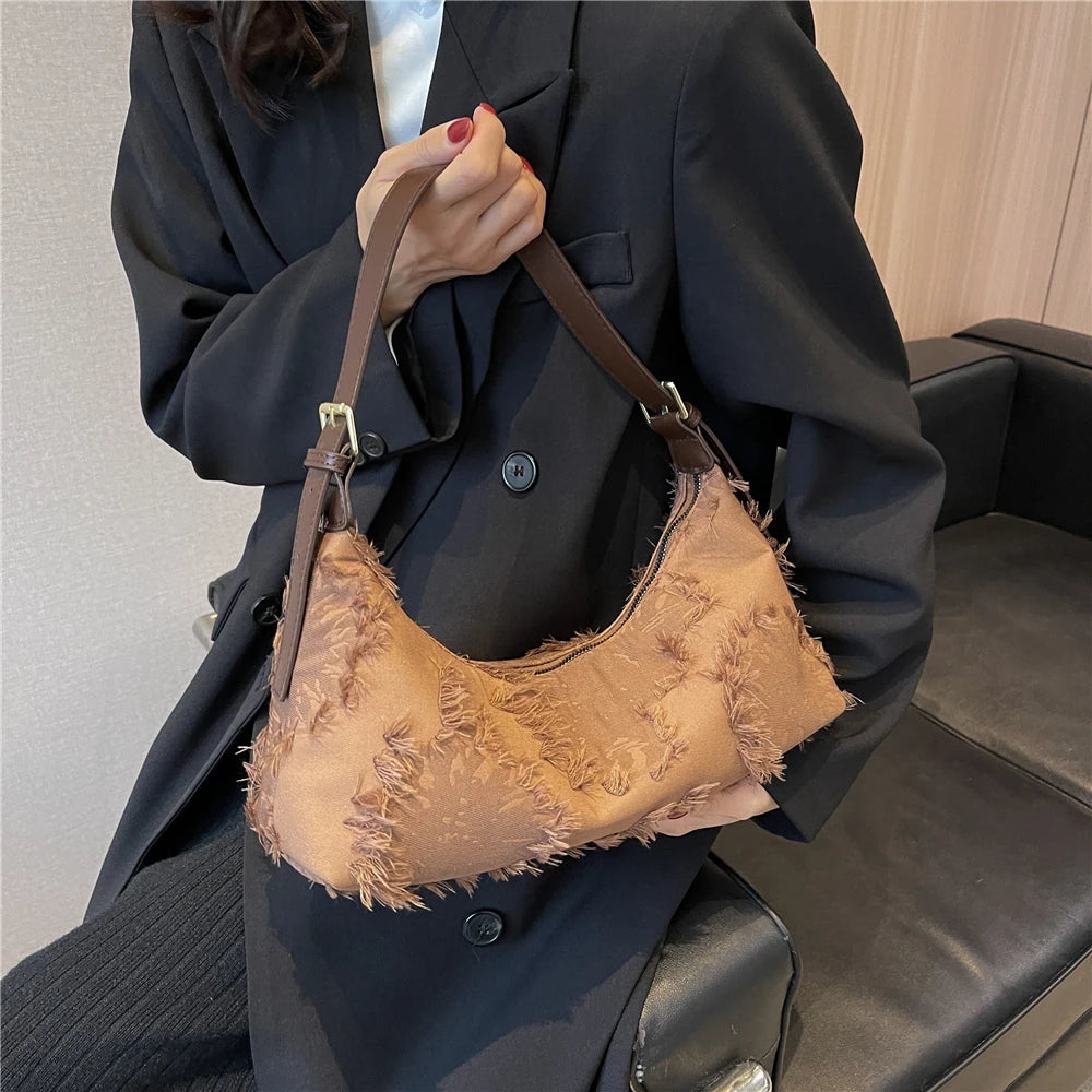 Fringed Canvas Shoulder Crossbody Bag Large Capacity Hobo Handbag