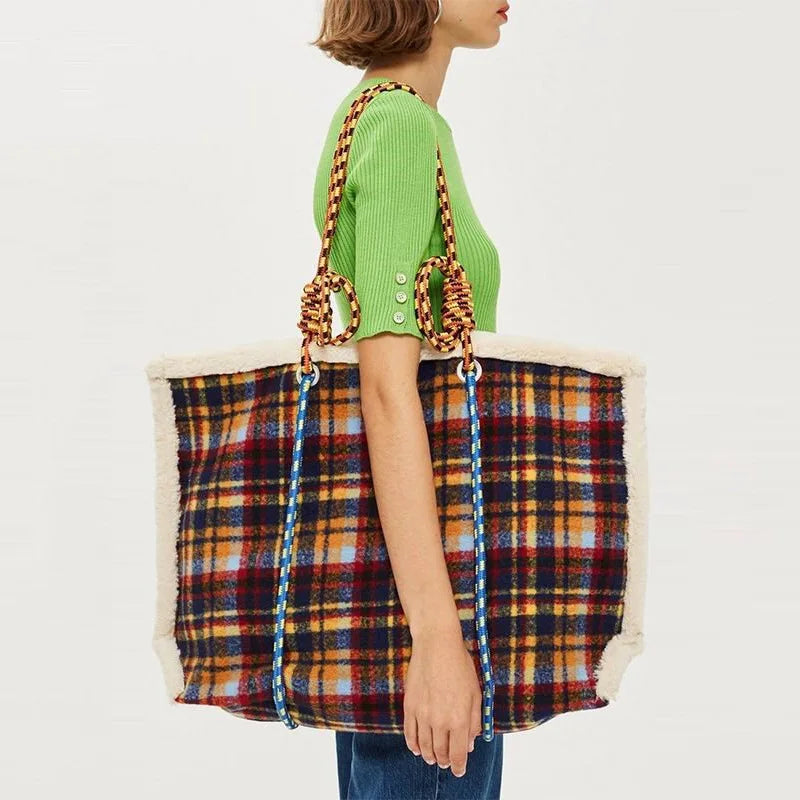 Plaid Shoulder Bag Retro Style Plush Large Capacity Handbag for Women