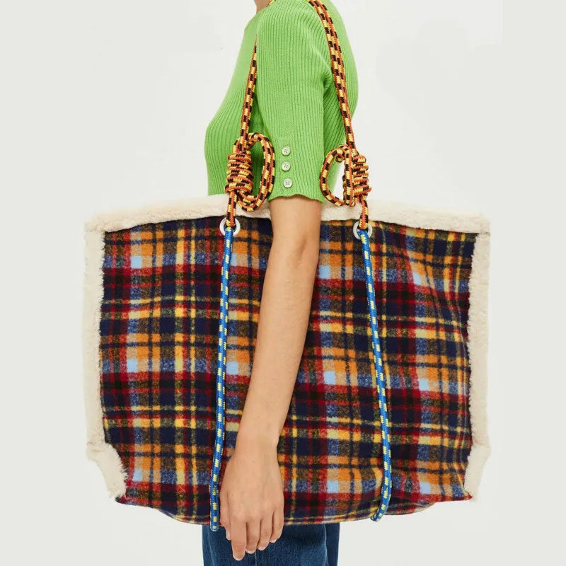 Plaid Shoulder Bag Retro Style Plush Large Capacity Handbag for Women