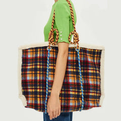 Plaid Shoulder Bag Retro Style Plush Large Capacity Handbag for Women