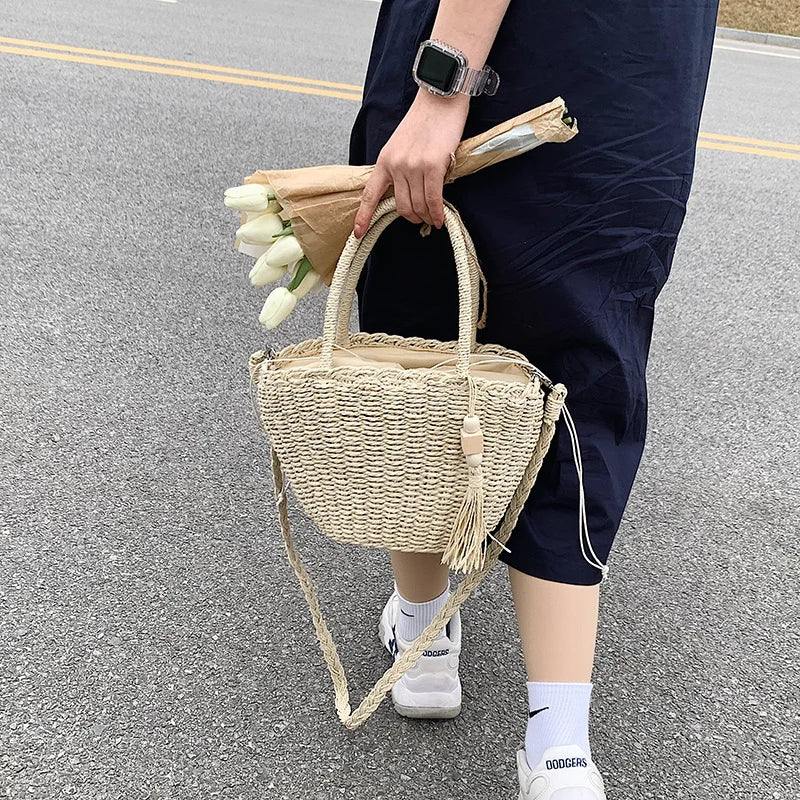 Retro Summer Beach Bag Rattan Handbag Women Hand-woven Straw Shoulder Bag