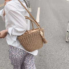 Retro Summer Beach Bag Rattan Handbag Women Hand-woven Straw Shoulder Bag