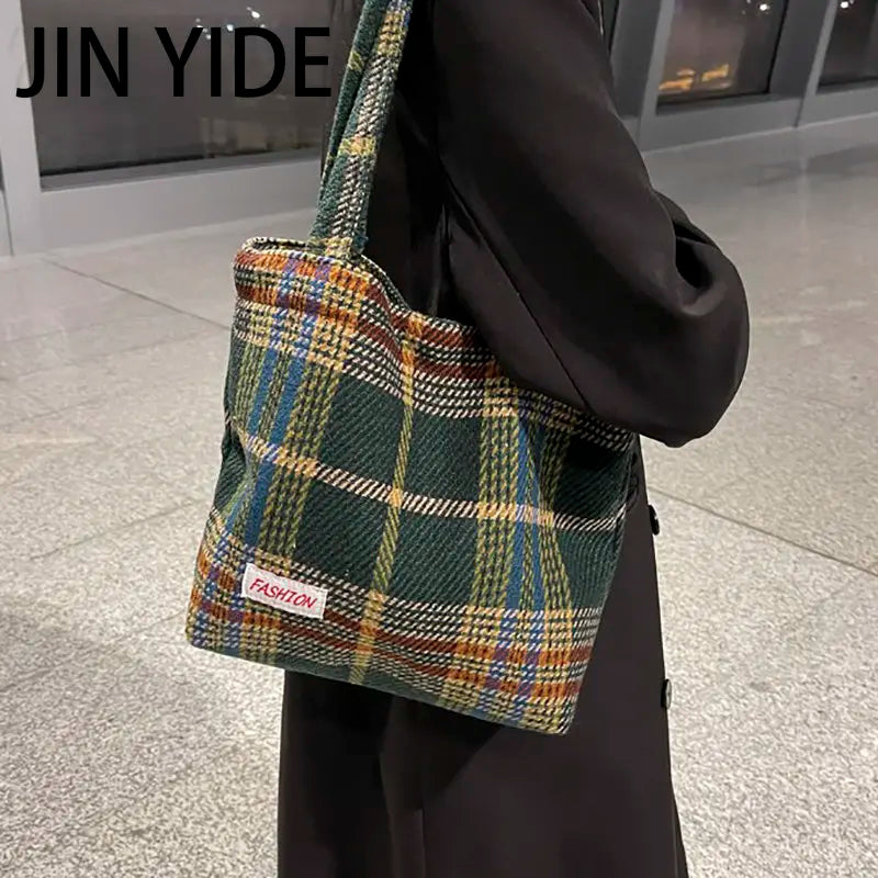 Women's Wool Shoulder Bag Large Capacity Soft Plaid Handbag