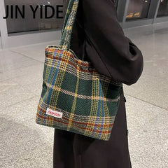 Women's Wool Shoulder Bag Large Capacity Soft Plaid Handbag