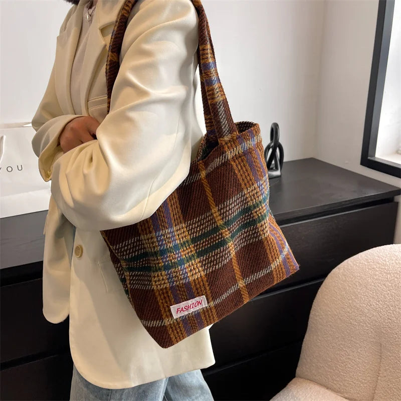 Plaid Wool Shoulder Bag Women's Shopper Large Capacity Travel Handbag