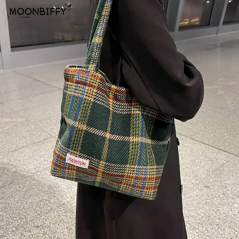 Plaid Wool Shopper Shoulder Bag for Women Large Capacity Soft Handbag