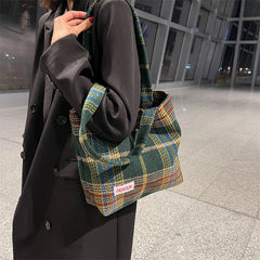Plaid Wool Shopper Shoulder Bag for Women Large Capacity Soft Handbag