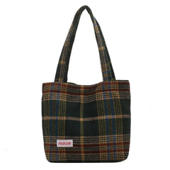 Plaid Wool Shopper Shoulder Bag for Women Large Capacity Soft Handbag