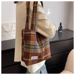 Plaid Wool Shoulder Bag Women's Shopper Large Capacity Travel Handbag