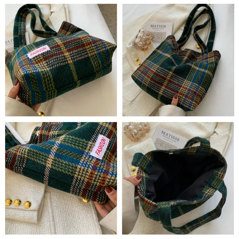 Plaid Wool Shoulder Bag Women's Shopper Large Capacity Travel Handbag