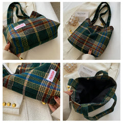 Plaid Wool Shoulder Bag Women's Shopper Large Capacity Travel Handbag