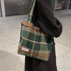 Plaid Wool Shoulder Bag for Women, Large Capacity Handbag