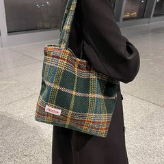 Plaid Wool Shoulder Bag for Women Large Capacity Shopper Handbag
