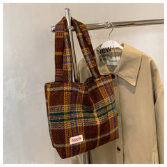 Plaid Wool Shoulder Bag for Women, Large Capacity Handbag