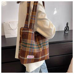 Plaid Wool Shoulder Bag for Women, Large Capacity Handbag