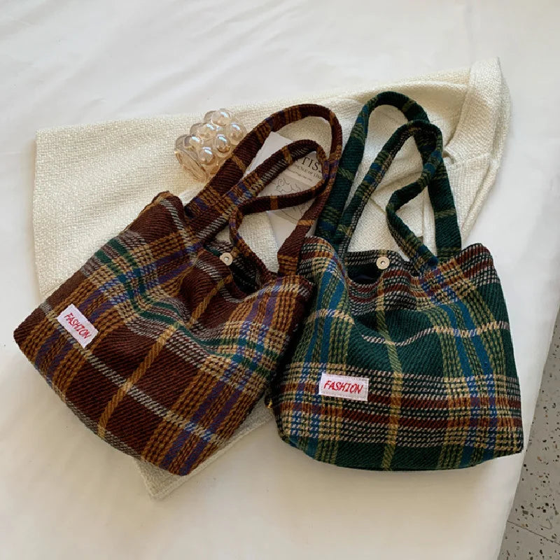 Plaid Wool Shoulder Bag Women's Shopper Large Capacity Travel Handbag