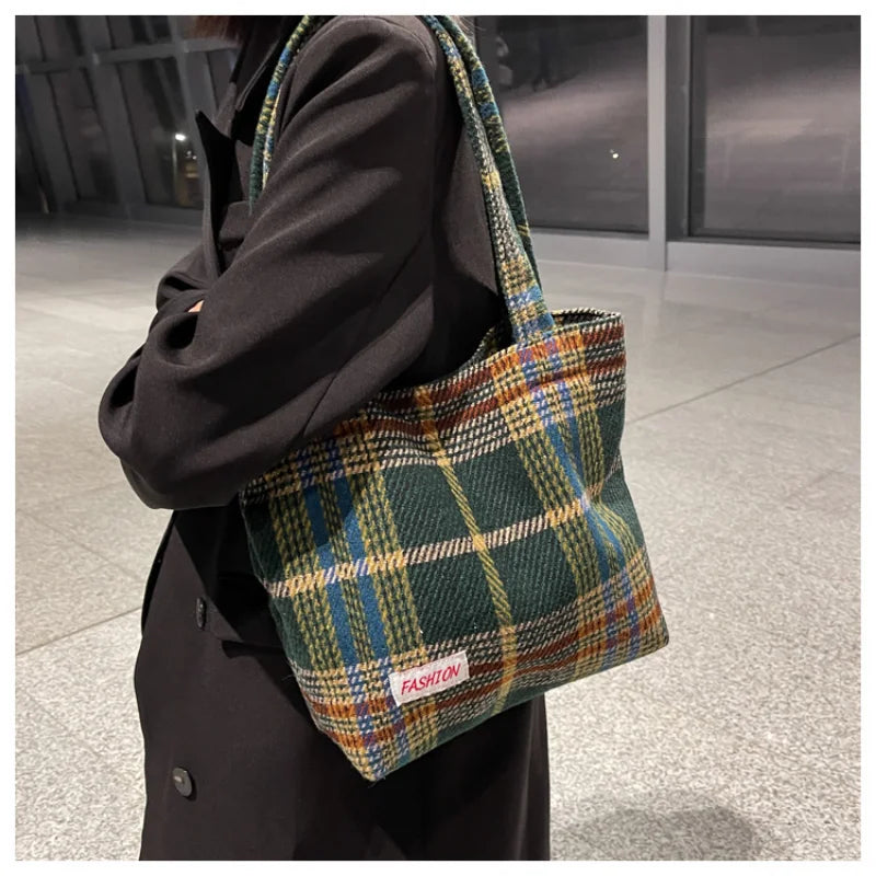 Plaid Wool Shoulder Bag for Women, Large Capacity Handbag