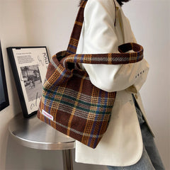 Plaid Wool Shoulder Bag Women's Shopper Large Capacity Travel Handbag