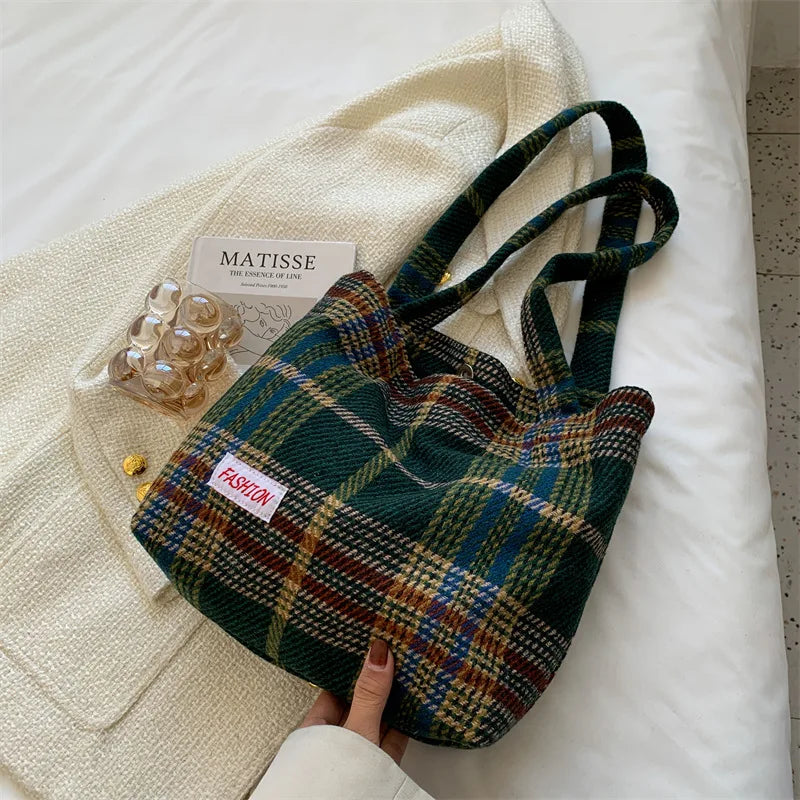Plaid Wool Shoulder Bag Women's Shopper Large Capacity Travel Handbag