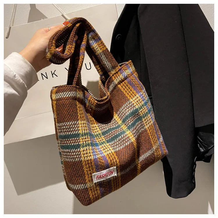 Plaid Wool Shoulder Bag for Women, Large Capacity Handbag