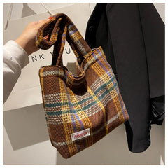 Plaid Wool Shoulder Bag for Women, Large Capacity Handbag