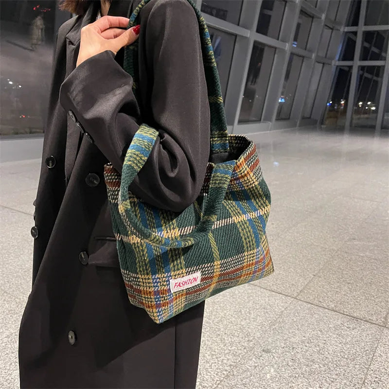 Plaid Wool Shoulder Bag for Women Large Capacity Shopper Handbag