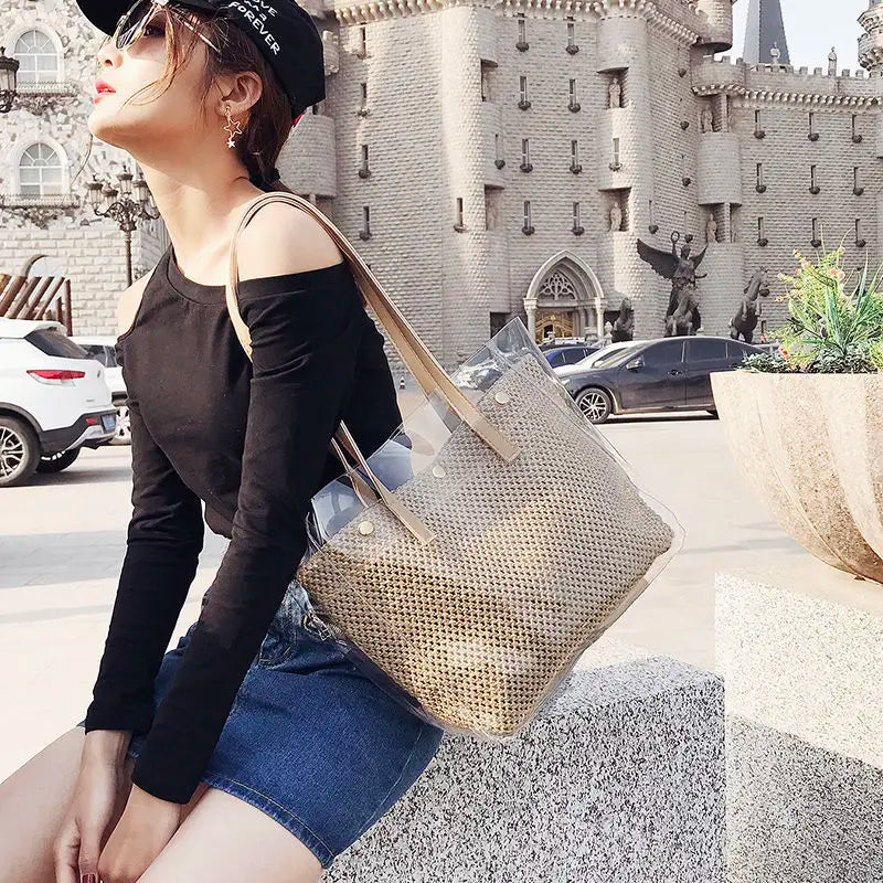 Transparent Bags Women Tote Woven Bag Large Capacity Mother-son Style Shopping