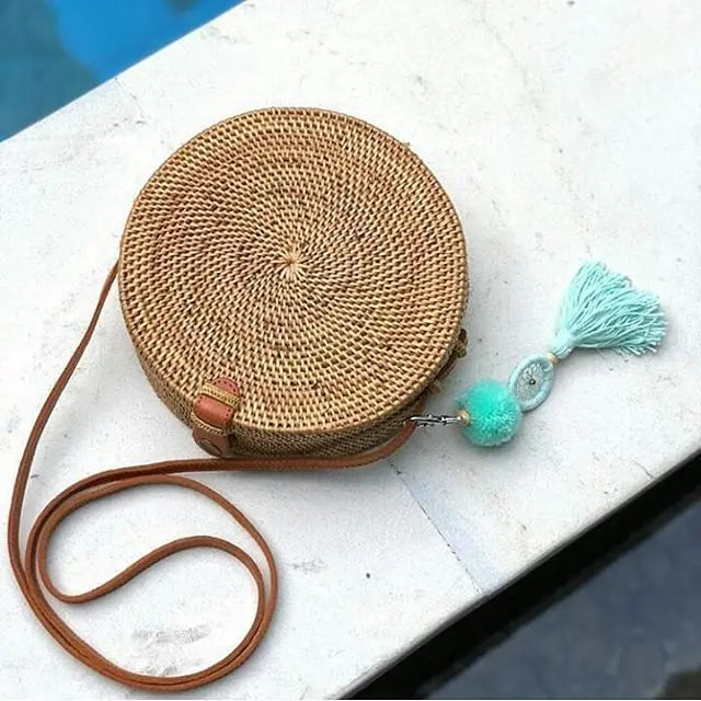 Summer Straw Beach Circle Shoulder Bag Sunflower Knitted Rattan Handbag