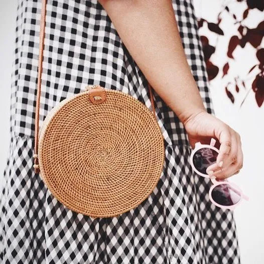 Summer Straw Beach Circle Shoulder Bag Sunflower Knitted Rattan Handbag